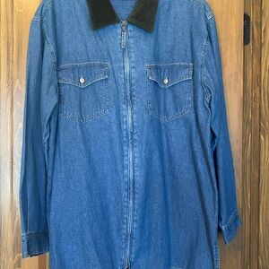 Denim&Co Denim Blue Jacket with Olive Green Corduroy Collar Zipper Closure